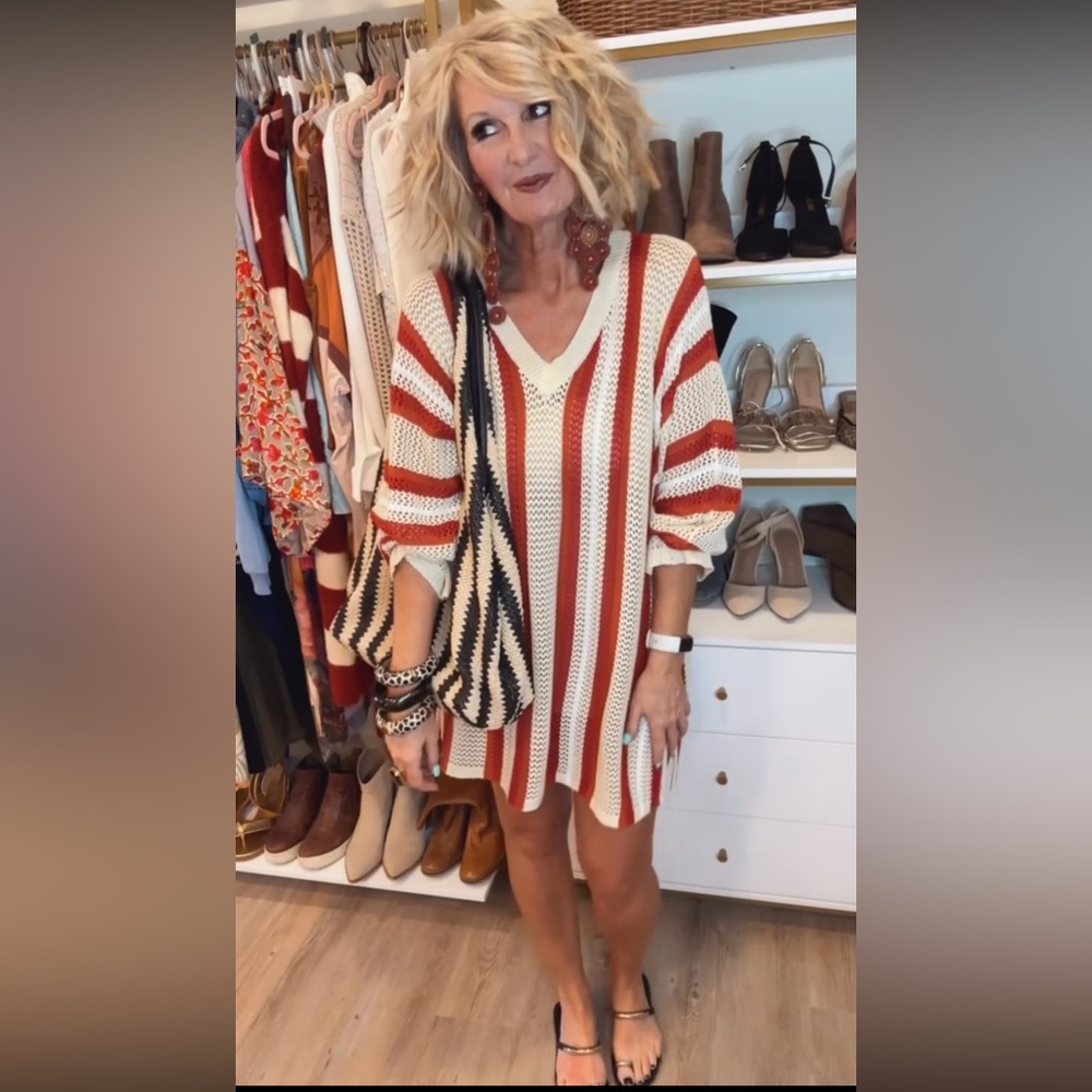 Striped Knit V-Neck Crochet Sweater Cover-Up Dress in Cream & Rust